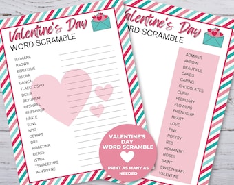 Valentine Word Scramble, Printable Valentine Party Game for Kids, Valentine Classroom Activity, Valentine Activity for kids