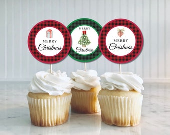 Cupcake Toppers Christmas, Round Cupcake Toppers, Christmas Printable Party Décor, Christmas Cookie Tags, Merry Christmas Tags