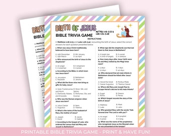 Quiz sur la naissance de Jésus pour les enfants, jeu-questionnaire imprimable, activités sur l'histoire de la Bible, feuille d'activités pour l'église, jeu-questionnaire sur la Bible à imprimer