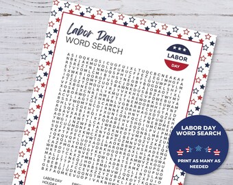 Labor Day Word Search Puzzle, Printable Labor Day Party Games, Labor Day Games, Labor Day Printable Quiz, Patriotic Party Games Bundle