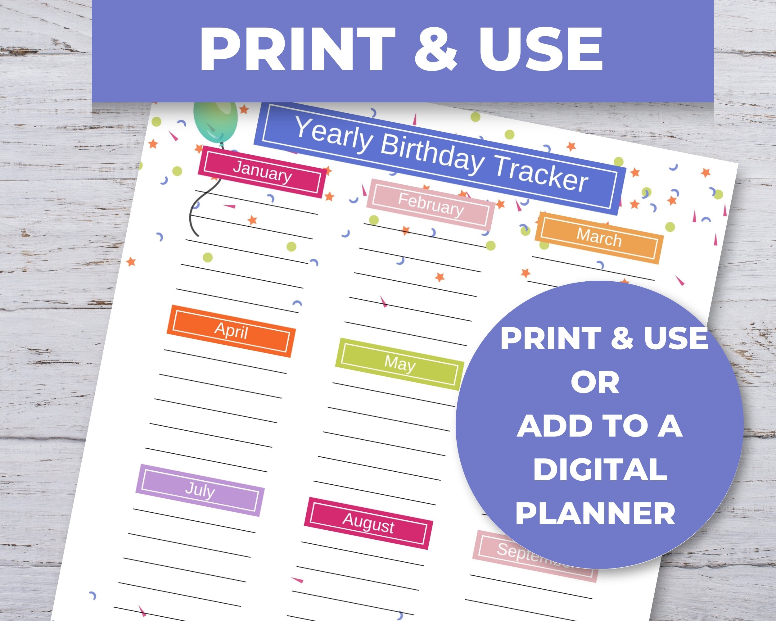 Yearly Birthday Calendar, Printable Birthday Tracker, Birthday List ...