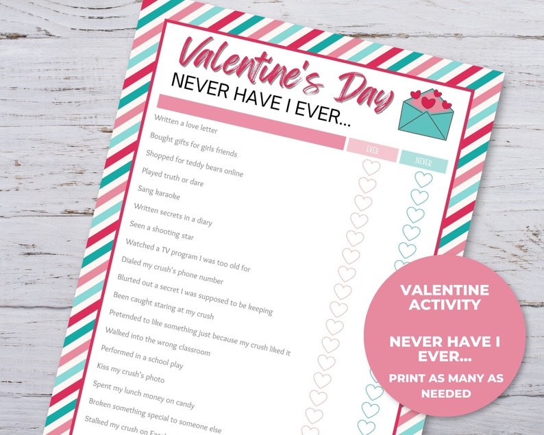 Printable Valentine Never Have I Ever Game, Ever or Never Game for