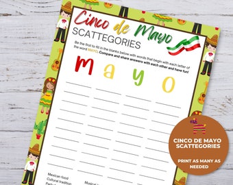 Cinco de Mayo Scattegories Game, Cinco de Mayo Activities for Kids and Adults, Kid Party Games, Classroom Activities, Fiesta Party Games