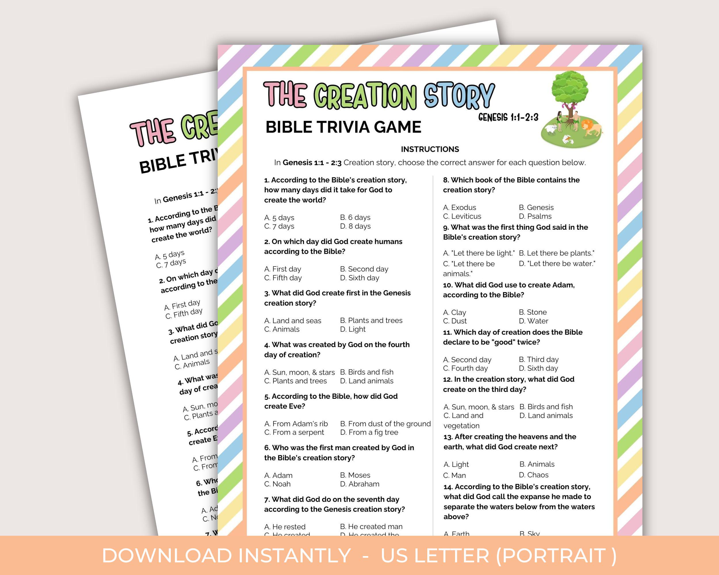 The Creation Story Bible Printable Trivia Game for Kids, Bible Story ...