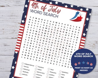 4th of July Word Search, Printable 4th of July Party Games, 4th of July Party Printables, Independence Day Games For Kids, Patriotic Games