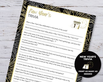 New Years Trivia Printable, New Years Eve Trivia,  New Years Eve Party Printable, Printable Games for Adults, Classroom Games for Kids