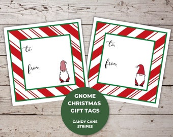 May include: Two printable Christmas gift tags with a candy cane stripe design. Each tag features a gnome with a red hat and white beard. The text "to:" and "from:" is printed on each tag.