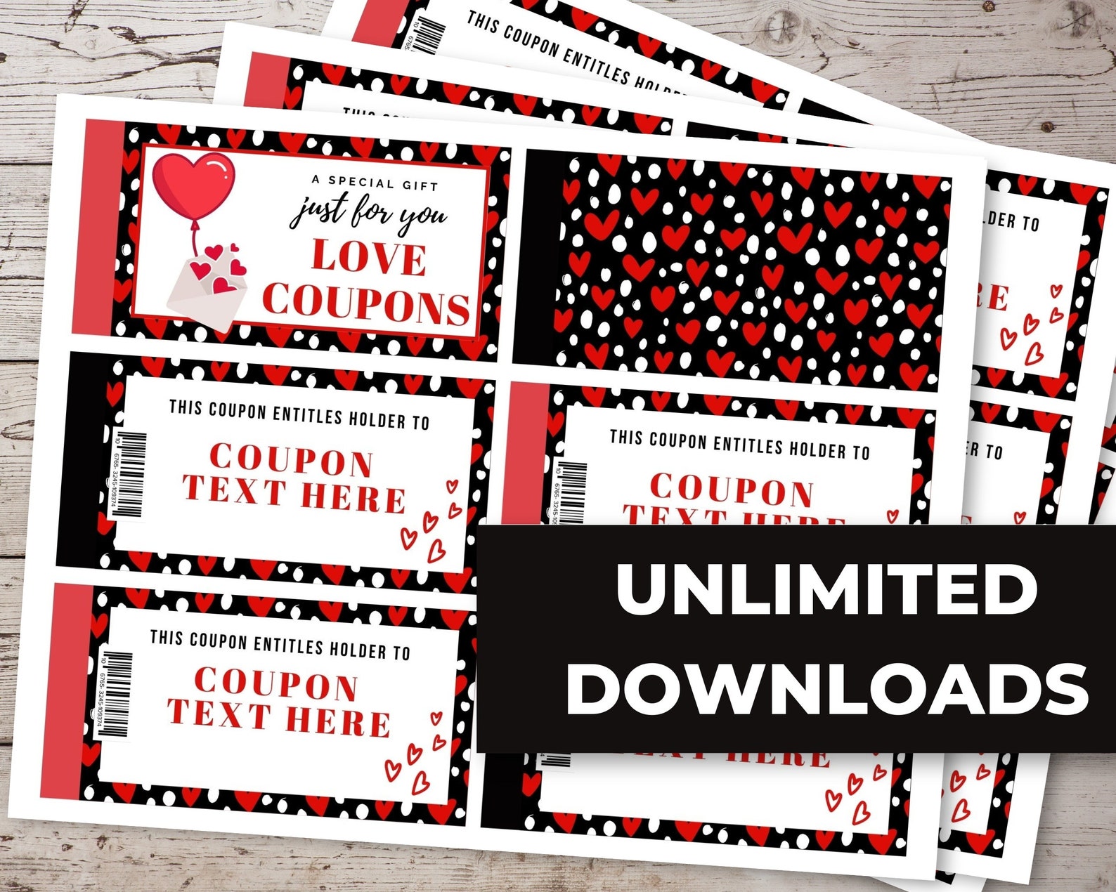 EDITABLE Printable Love Coupons Black &amp; Red, Gift for Him, Gift for Her ...