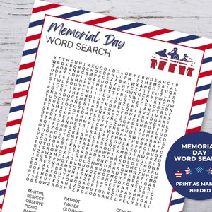 Memorial Day Word Search, Word Puzzles Printable, Patriotic Party Games Printable Puzzle for Kids, Word Search Puzzle, Memorial Day Activity