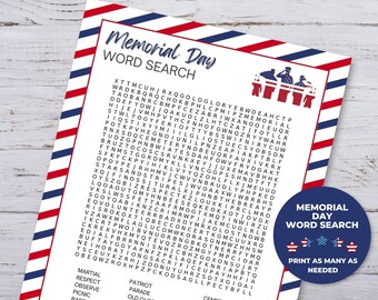 Memorial Day Word Search, Word Puzzles Printable, Patriotic Party Games Printable Puzzle for Kids, Word Search Puzzle, Memorial Day Activity