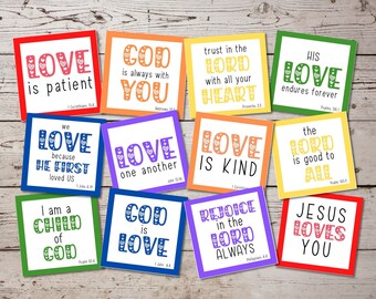Lunch Box Notes for Kids, Printable Christian Lunch Box Notes, Bible Verse Cards, Positive Affirmations for Kids, Love Bible Verse Cards