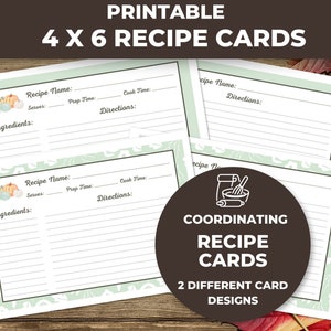 Printable Recipe Cards 4x6, Blank Recipe Cards, Gifts for Cooks, Unique Gift for Cooks, Sage Green