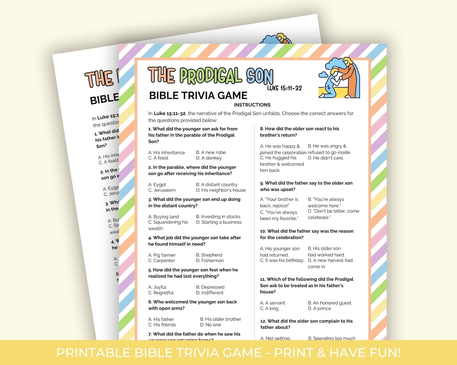 The Prodigal Son Bible Trivia for Kids, Printable Trivia Game, Bible ...