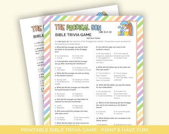 The Prodigal Son Bible Trivia for kids, Printable Trivia Game, Bible Story Activities, Church Activity Sheet, Bible Trivia Game Printable