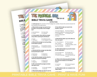 Trivia biblica del figliol prodigo per bambini, Gioco di curiosità stampabile, Attività di storie bibliche, Foglio attività della Chiesa, Gioco di curiosità biblica stampabile