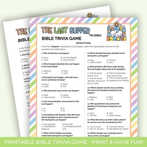 The Last Supper Bible Trivia for kids, Printable Trivia Game, Bible Story Activities, Church Activity Sheet, Bible Trivia Game Printable