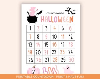 Pastellfärgad Halloween-nedräkning utskrivbar, rosa Halloween, Halloween-adventskalender, nedräkning till Halloween, dagar till Halloween