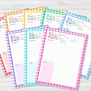 May include: Set of eight printable recipe cards with a gingham pattern in various colors. Each card features a cartoon illustration of a stand mixer and baking utensils. The cards have sections for recipe name, servings, prep time, cook time, ingredients, directions, and notes.