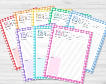 Printable Recipe Page, Printable Recipe Sheets, Gingham Pattern Rainbow Colors, US Letter, A4 & A5