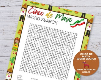 Cinco de Mayo Word Search, Word Puzzles Printable, Mexican Party Games, Printable Puzzle for Kids, Fiesta Party Games, Word Search Puzzle