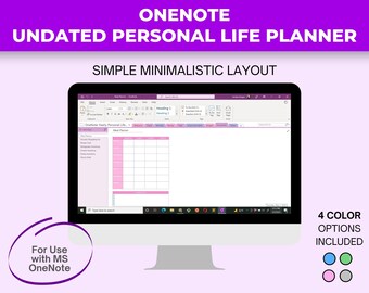 May include: A computer screen displaying a digital planner template for Microsoft OneNote. The template is titled "OneNote Yearly Personal Life" and features a simple, minimalist layout with sections for meal planning, grocery shopping, and other tasks. The template is available in four color options: blue, green, pink, and gray.