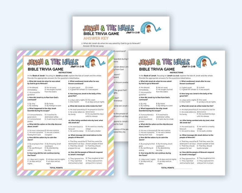 Jonah and the Whale Bible Trivia for Kids, Printable Trivia Game, Bible ...