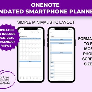 May include: A screenshot of a smartphone displaying a digital planner app. The app has a calendar view for January 2023 and a daily planner view with sections for priorities and to-do items. The app is designed for use with Microsoft OneNote.