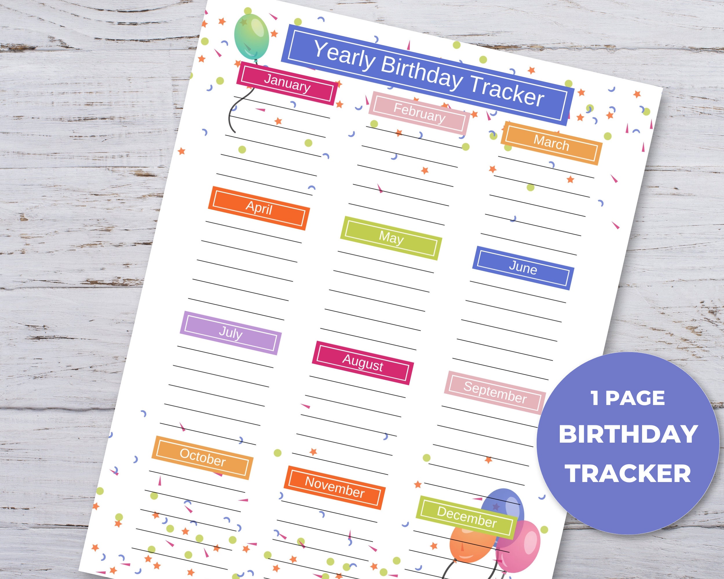 Yearly birthday calendar printable birthday tracker birthday list