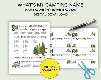 Whats Your Camping Name with Name Tags, Camping Games Printable, Camping Activities for kids and families, Camping Birthday Party Activity