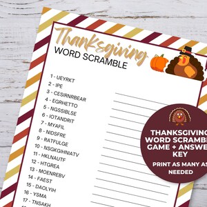 Thanksgiving Word Scramble Game for kids, Printable Thanksgiving Games, Thanksgiving Classroom Games, Thanksgiving Party Games for kids
