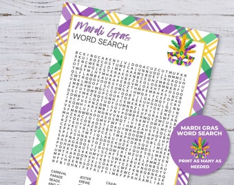 Mardi Gras Word Search Printable, Mardi Gras Printable Party Games, Mardi Gras Activities