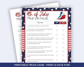 Wahr oder falsch Trivia, druckbare Partyspiele zum 4. Juli, Partyspiele zum 4