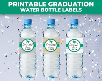 Printable Graduation Water Bottle Labels - Congrats!  Class of 2022, Graduation, Emerald and Gold/Silver/White