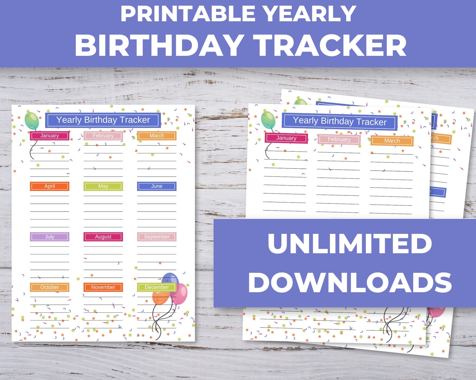 Yearly Birthday Calendar, Printable Birthday Tracker, Birthday List ...