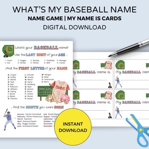 Whats Your Baseball Name with Name Tags, Baseball Team Party Games, Icebreaker Games for Teams, Baseball Printable