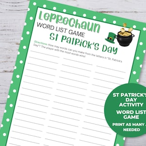 Printable St Patricks Day Game for Kids, St Patricks Day Word List Game, Classroom Activity, St Patrick&#39;s Party Game, Homeschool Activity