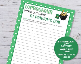 Juego imprimible del Día de San Patricio para niños, Juego de lista de palabras del Día de San Patricio, Actividad en el aula, Juego de fiesta de San Patricio, Actividad de educación en el hogar