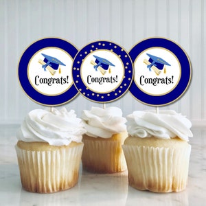 Printable Graduation Cupcake Toppers - Congrats!, Graduation, Navy & Gold