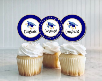 Printable Graduation Cupcake Toppers - Congrats!, Graduation, Navy & Gold