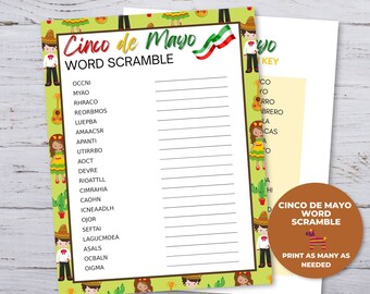 Cinco de Mayo Word Scramble, Cinco de May Game, Mexican Party Games, Fiesta Party Game, Printable Party Games,