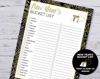 New Years Bucket List, New Year Printable, New Year's Activity, New Year Resolutions and Goals, New Years Games