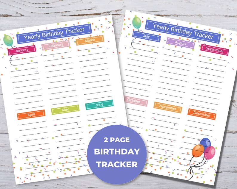 Yearly Birthday Calendar, Printable Birthday Tracker, Birthday List ...
