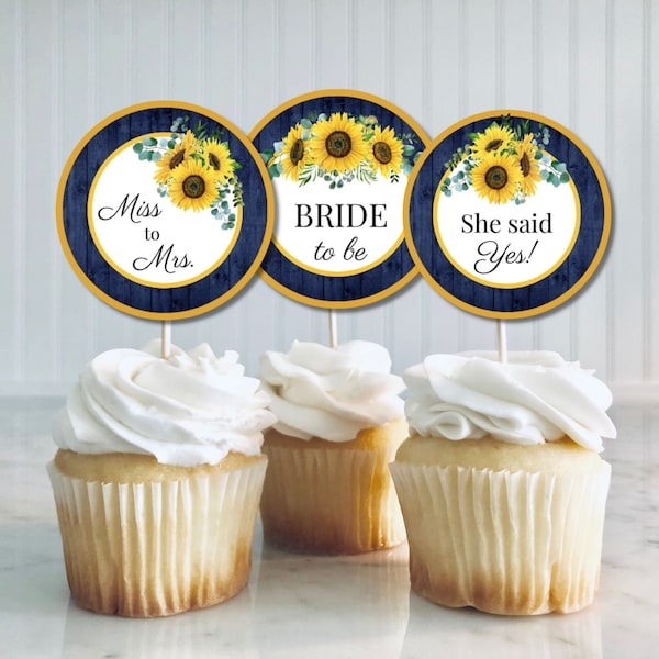 Rustic Sunflower Cupcake Toppers, Rustic Sunflower Cupcake Toppers, She Said Yes Cupcake Topper, Bride to Be Decoration, Miss to Mrs Topper