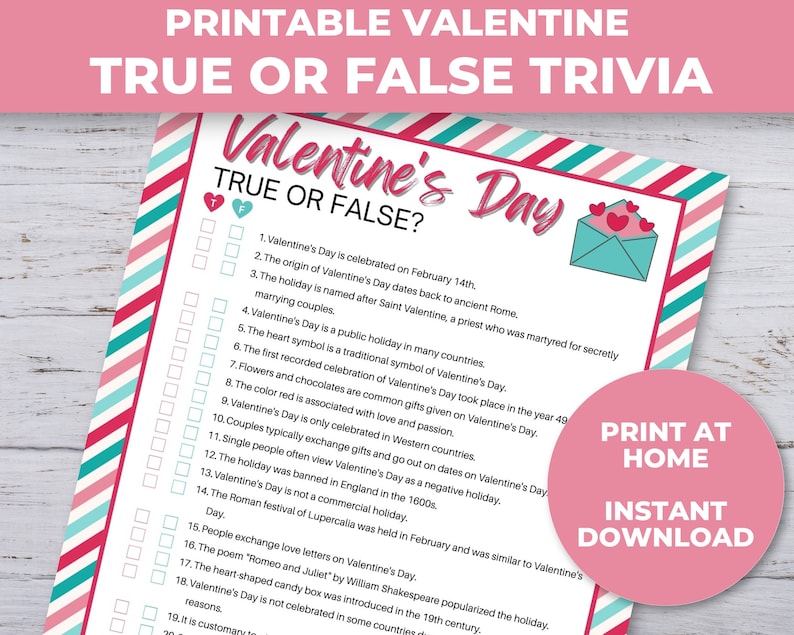Valentine Trivia Printable Valentine True or False Trivia Game Valentine Trivia Printable Valentine True or False Trivia Game