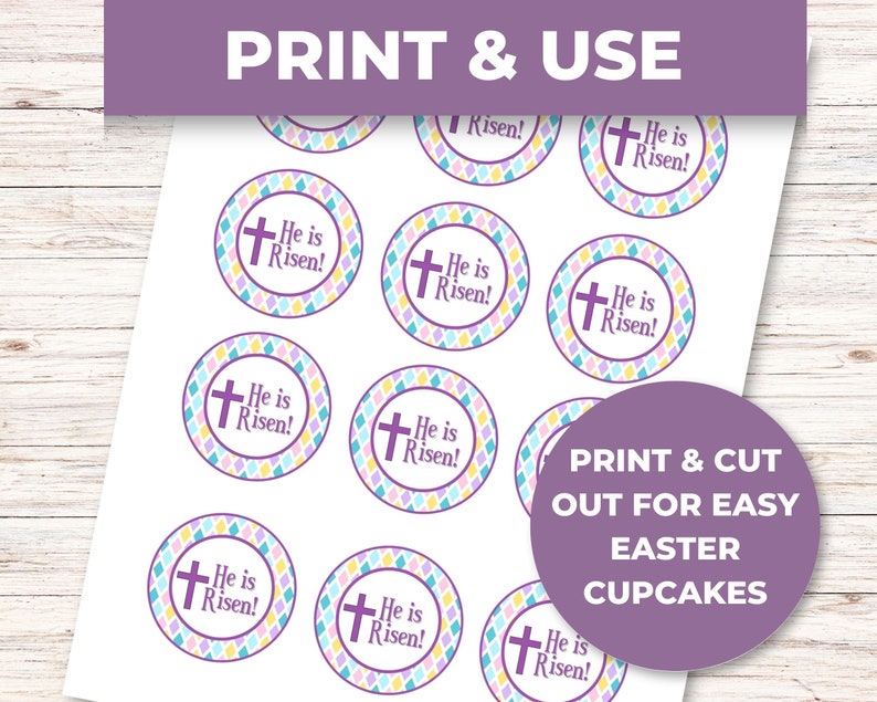 Printable Easter Cupcake Toppers He Is Risen, Easter Religious, Easter Cookie Tags image 6