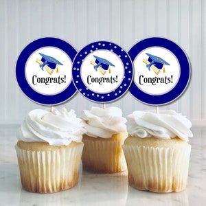 Printable Graduation Cupcake Toppers - Congrats!, Graduation, Navy & Silver