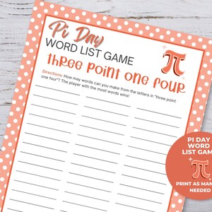 Pi Day List Game, Pi Day Activities for Kids Printable, Pi Day Party, Kids Worksheets, Pi Day Games for Kids, Classroom Activity, 3.14