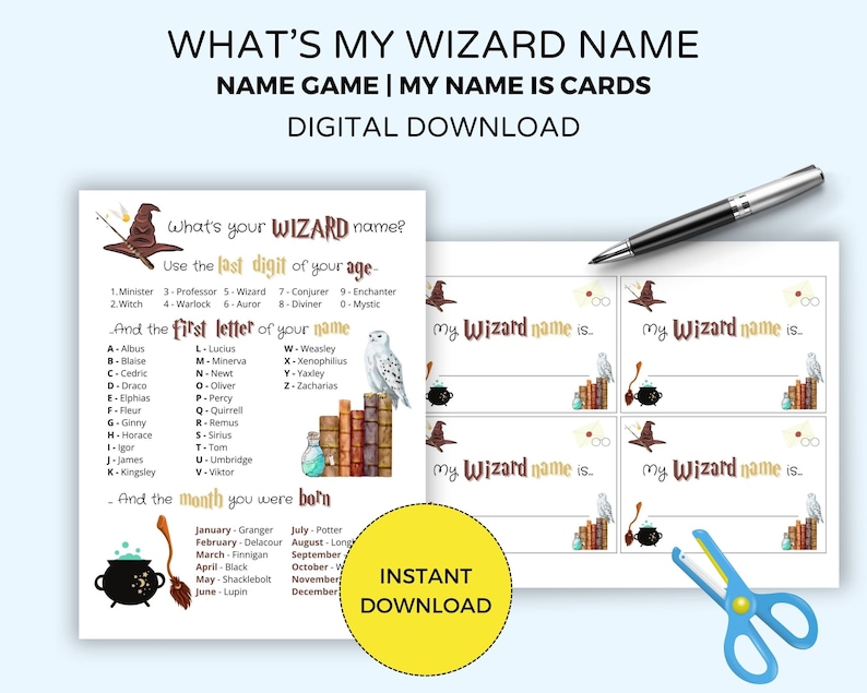 Whats Your Wizard Name, Wizard Baby Shower Games, Wizard Birthday, Magical Wizard Party Game, Activities for Kids, Magic School Party image 1