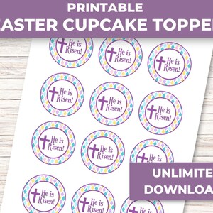 Printable Easter Cupcake Toppers He Is Risen, Easter Religious, Easter Cookie Tags image 5