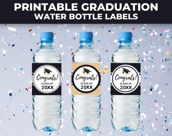 Étiquettes imprimables pour bouteilles d'eau de remise des diplômes - Félicitations ! Promotion 2022, Remise des diplômes, noir et or/argent/blanc